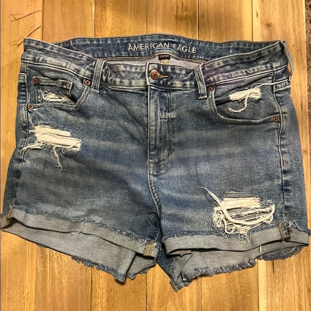 American Eagle Outfitters Blue Distressed Jean Shorts - High Rise Streach